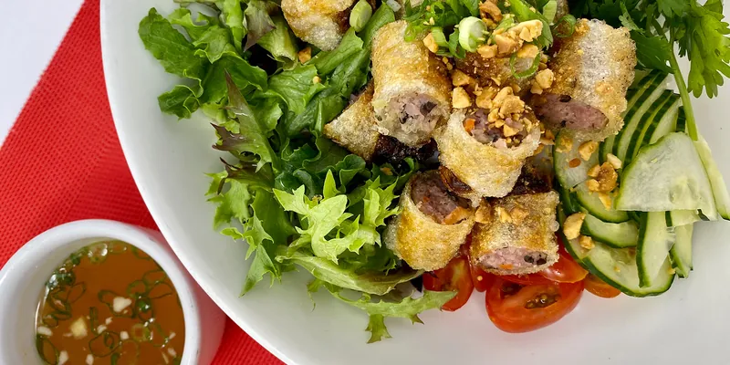 Vietnamese vermicelli noodle bowl with fried pork rolls